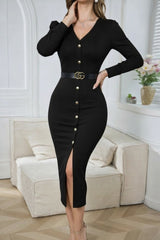 Kadın Uzun Kollu V Yakalı önden Düğmeli Yırtmaçlı Modal Midi Kemersiz Elbise