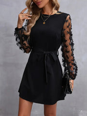 Kadın Uzun Kollu Bisiklet Yaka Kollar Tül Kelebek Detaylı Ithal Krep Elbise