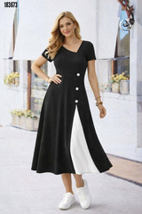Kadın kısa kollu asimetrik yakalı düğme detaylı midi viskon elbise