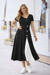 Kadın Kısa Kollu Asimetrik Yakalı Düğme Detaylı Midi Viskon Elbise