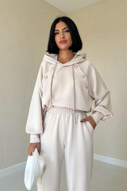 Bej Kapüşonlu Sweatshirt Ve Kargo Pantolon Takım