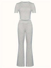 Kadın Kısa Kollu Bisiklet Yaka Alt Ispanyol Paça Viskon Ikili Takım