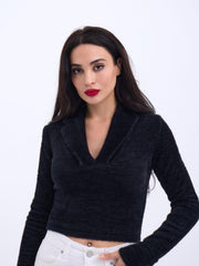 42531 TRİKO SİMLİ YAKALI CROP-ANTRASİT