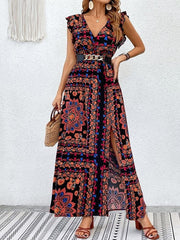 Kadın Kısa Kollu V Yakalı Deseni Yırtmaçlı Süprem Elbise