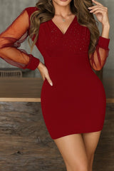 Kadın Uzun Kollu Kruvaze Yakalı Taşlı Mini Ithal Krep Elbise