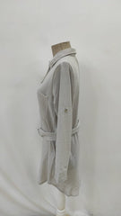 Kadın Uzun Kollu Yakalı önden Düğmeli Beli Kuşaklı Mini Ithal Keten Elbise