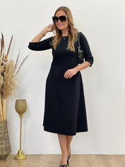 Kadın Uzun Truvakar Kol Bisiklet Yaka Midi Modal Elbise