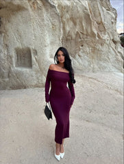 Kadın Uzun Kollu Madonna Yaka Midi Boy Elbise