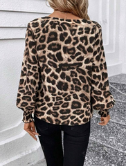 Kadın Uzun Kollu V Yakalı Leopar Desenli Dalgıç Bluz