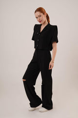 Cepli Düğmeli Bluz Ve Diz Detaylı Pantolon Gri İkili Takım