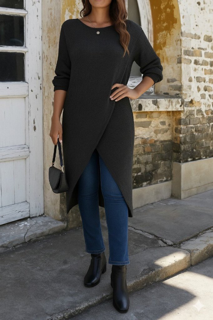 Kadın Uzun Kollu Bisiklet Yakalı önden çapraz Kesim Detaylı Midi Triko Elbise