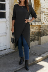 Kadın Uzun Kollu Bisiklet Yakalı önden çapraz Kesim Detaylı Midi Triko Elbise