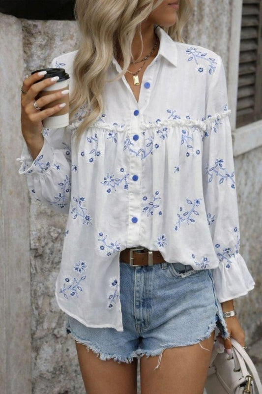 Kadın Nakış Işlemeli Kolu Volanlı Gömlek