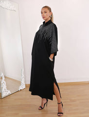 Kadın Hakim Yaka Fakir Kol Taş Detay Maxi Boy Salaş Elbise