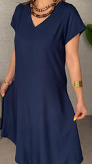 Kadın Kısa Kollu V Yaka Salaş Maxi Boy Elbise