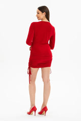 Kadın Uzun Kol Büzgü Detaylı Sandy Kumaş Ayarlanabilir Boy Fırsat Ürün Elbise