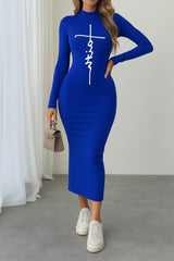 Kadın Uzun Kollu Boğazlı Baskı Detaylı Viskon Tam Boy Elbise