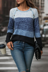 Kadın Uzun Kollu Yuvarlak Yaka Baskılı Düğme Detay Süprem Bluz