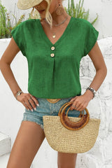 Kadın Kısa Kollu V Yakalı Düğmeli Keten Bluz