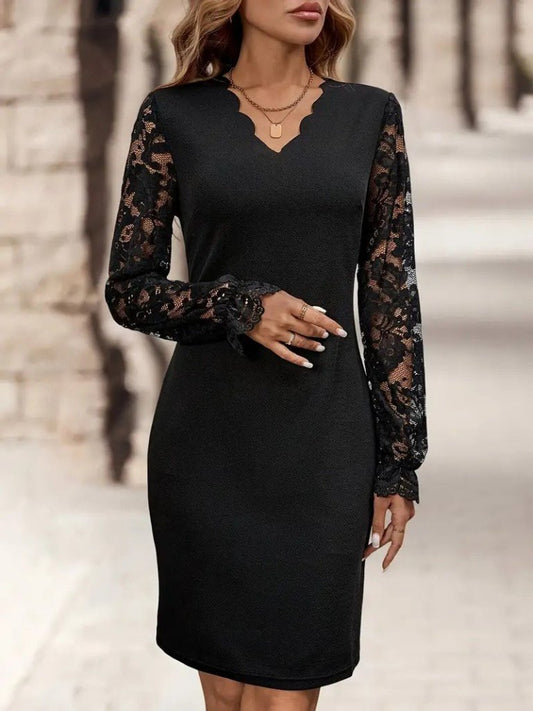 Kadın Uzun Kollu V Lazer Kesim Detaylı Kısa Ithal Krep Elbise