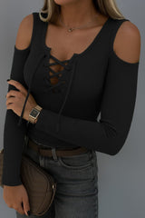 Kadın Omuzlardan Açık Uzun Kollu Bağcıklı Kaşkorse Bluz