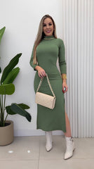 Kadın Uzun Kollu Balıkçı Yakalı Yanlardan Yırtmaçlı Kaşkorse Maxi Elbise