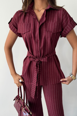 ÇİZGİLİ POLYVİSKON BLUZ - PANTOLON TAKIM - Bordo