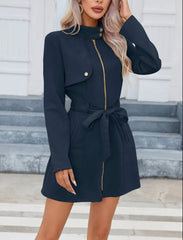 Kadın Uzun Kollu Boyundan Düğmeli Fermuarlı Beli Kuşaklı Süet Ceket