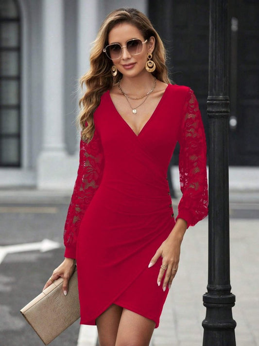 Kadın Uzun Kollu Kruvaze Yaka Beli Düğme Detay Krep Elbise