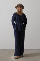 Beli Bağlamalı Tunik Ve Beli Bağlamalı Pantolon Takım - Siyah