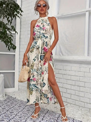 Kadın Omuzlardan Açık Halter Yakalı Yırtmaçlı çiçek Desenli Süprem Elbise
