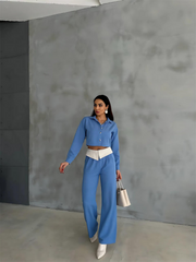 KETEN GÖMLEK-CROP-SALAŞ PANTOLON TAKIM - Mint