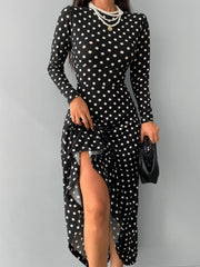 Kadın Siyah Tam Boy Beyaz Puantiyeli Elbise
