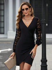 Kadın Uzun Kollu Kruvaze Yaka Beli Düğme Detay Krep Elbise