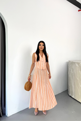 KETEN ÇİZGİLİ YELEK - UZUN ETEK TAKIM - Mavi