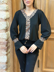 Kadın Uzun Kollu V Yakalı Leopar Detaylı Krep Bluz