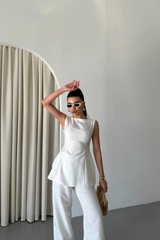 JAKAR KETEN KOLSUZ BLUZ-PANTOLON TK - Beyaz