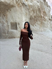 Kadın Uzun Kollu Madonna Yaka Midi Boy Elbise