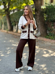 Kadın Uzun Kollu Ribanali Cep Detay Hırka Ve Bol Paça Pantolon Ikili Takım