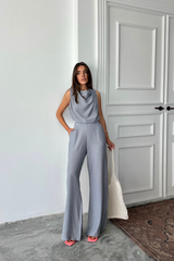 DEGAJE YAKA KOLSUZ BLUZ - PANTOLON TAKIM - Gri