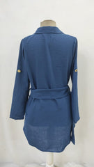 Kadın Uzun Kollu Yakalı önden Düğmeli Beli Kuşaklı Mini Ithal Keten Elbise