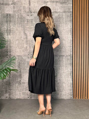 Kadın Kısa Kollu Yakası Açık Katlı Bürümcük Balon Elbise