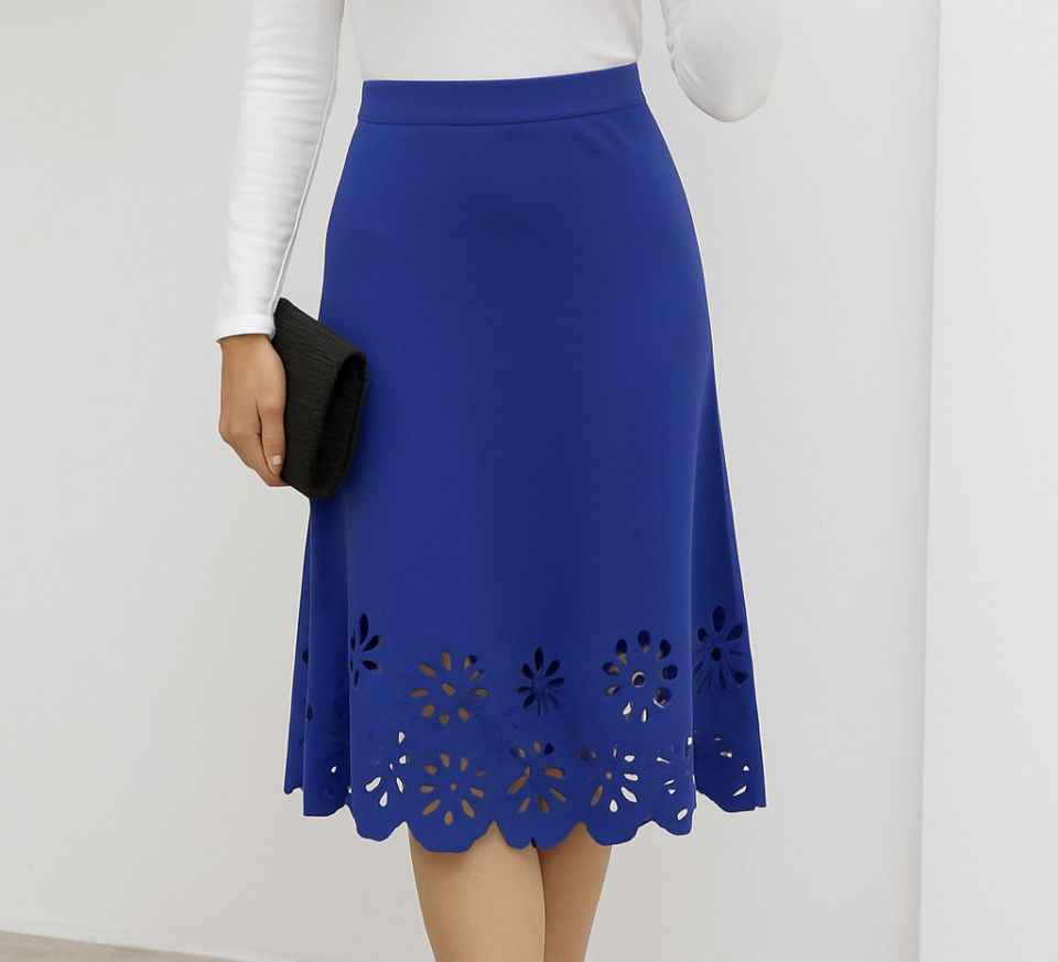 Kadın Yüksek Bel Lazer Kesim Detaylı Midi Ithal Krep Etek