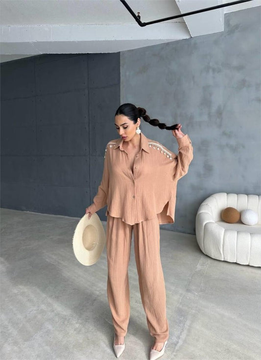 OMUZ SAÇAK DENİZ KABUĞU GÖMLEK - PANTOLON TAKIM - Bej