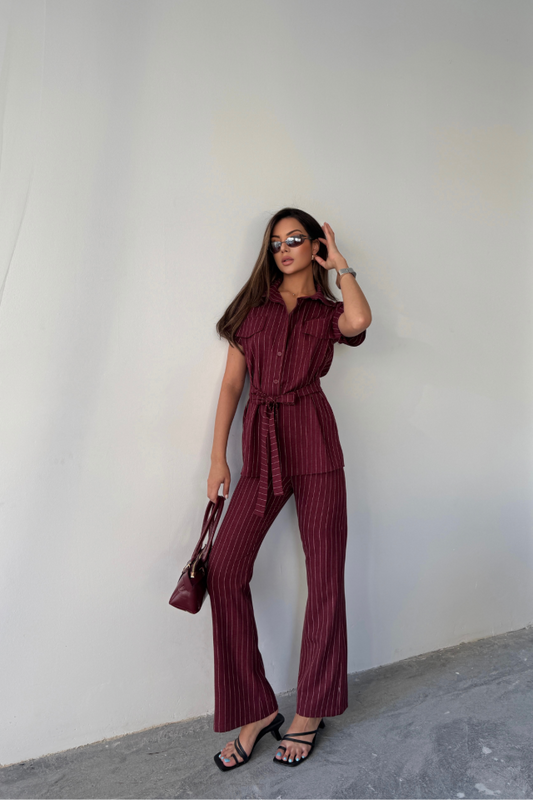 ÇİZGİLİ POLYVİSKON BLUZ - PANTOLON TAKIM - Bordo