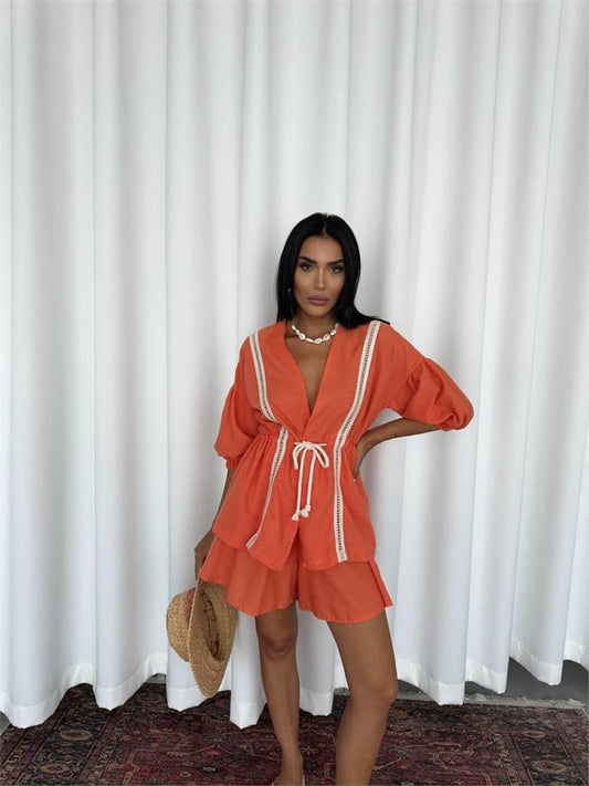 KETEN BEL BÜZGÜLÜ BLUZ-PANTOLON TAKIM - Orange