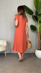 Kadın Kısa Kollu V Yaka Salaş Maxi Boy Elbise