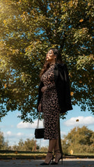 Kadın Uzun Kollu Balıkçı Yaka Leopar Desenli Midi Boy Elbise