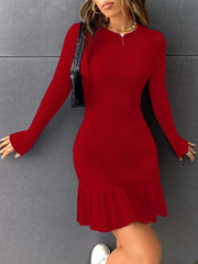 Kadın Bisiklet Yaka Uzun Kol Etek Ucu Fırfırlı Triko (polyenit) Yılbaşı özel Mini Boy Elbise