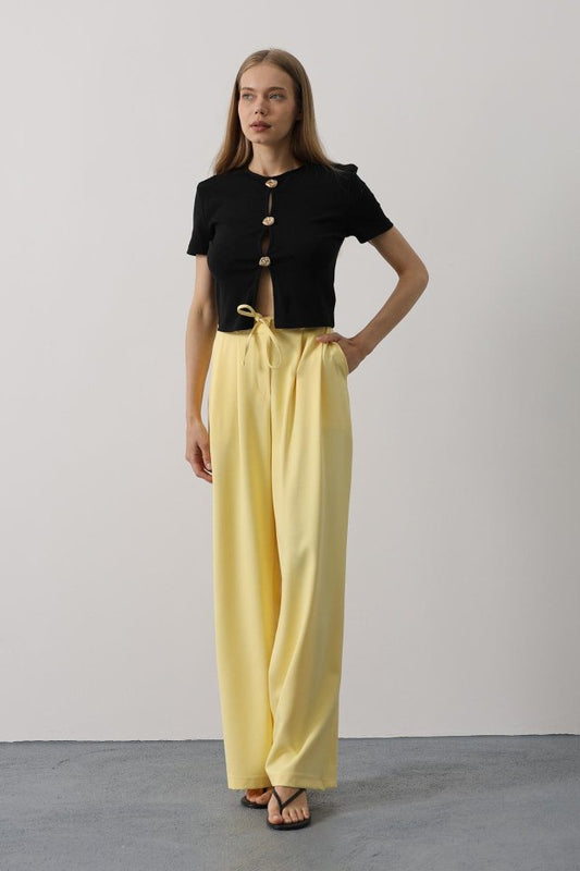 Pileli Bağcıklı Oversize Pantolon - Siyah